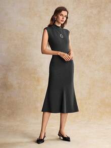House of One Mock Neck Cap Sleeve Fit And Flared Knit Dress Women Summer Autumn Casual Midi Dress