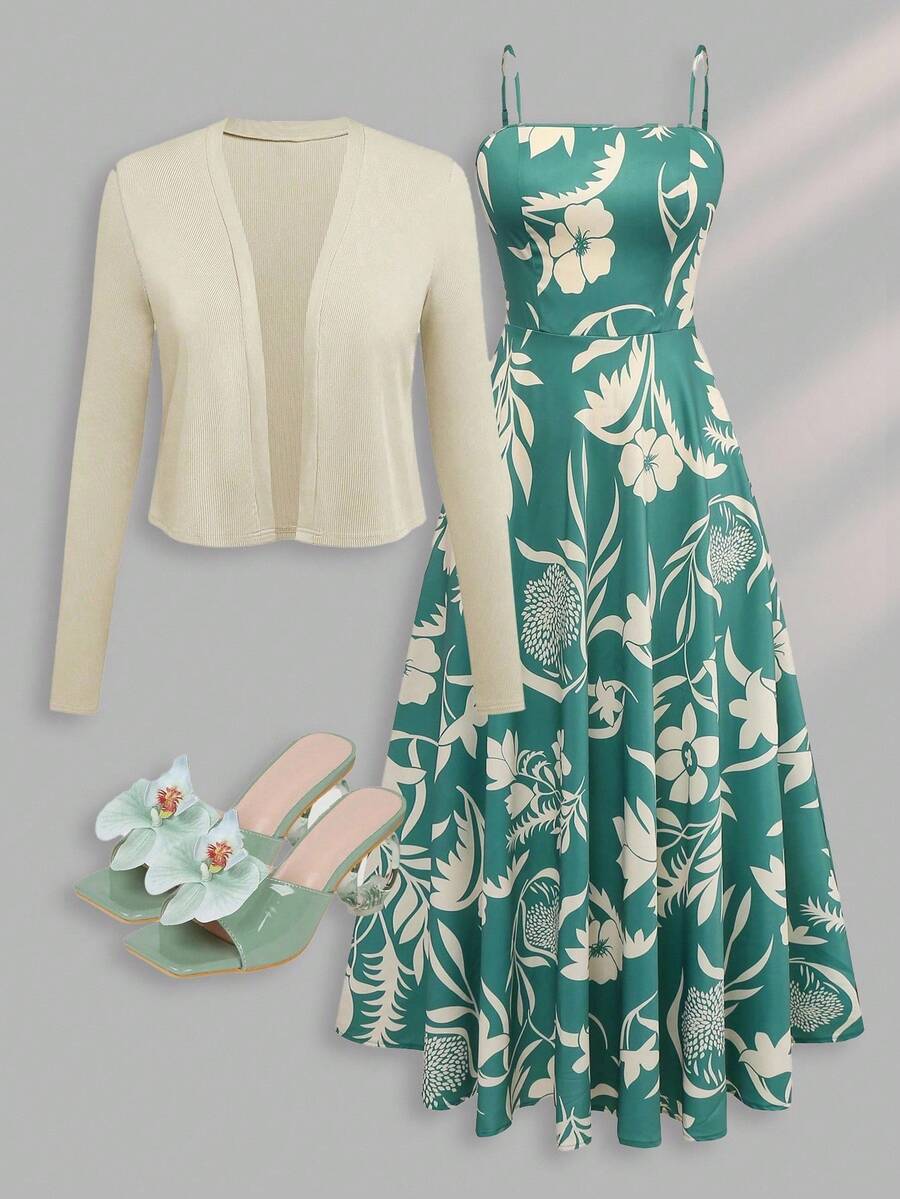 Franclia Plus Size Elegant Solid Jacket And Floral Print Slip Dress 2 Pieces Suit Fall Cloth For Women