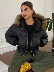 Livesso 女式连帽棉衣，羽毛拼布饰边，修身欧式风格，黑色短款棉衣，毛领，宽松冬季夹克 - 黑色 - 查看 2