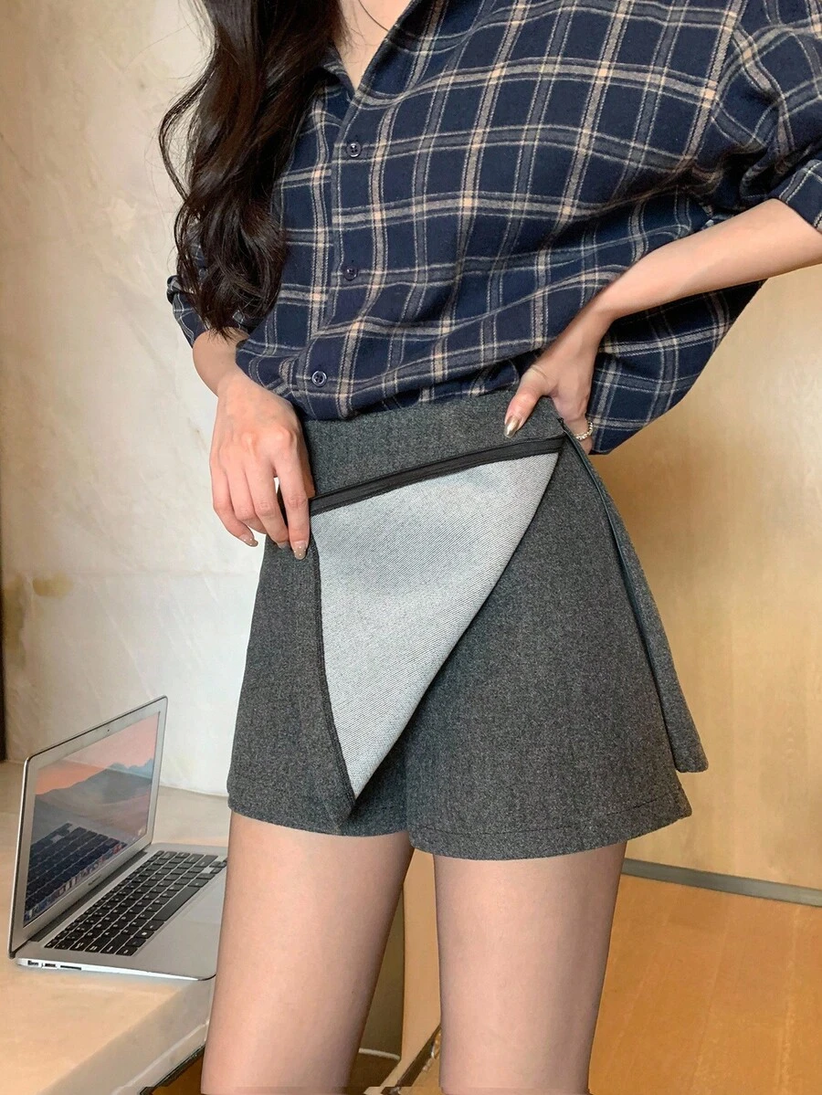 DAZY 女士二合一韩版半身裙，秋冬 - 灰色 - 查看 1