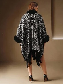 Anewsta Plus Size Women's Autumn/Winter Faux Fur Knit Black & White Formal Dress, Suitable For Wedding Guest, Cocktail Party, Elegant, Chic - Black and White - View 2