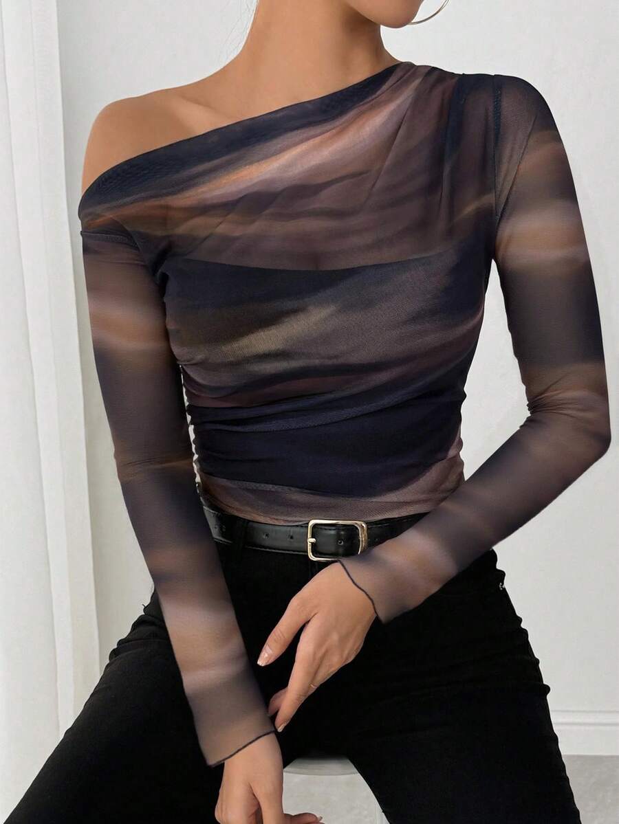 Elenzga 25-30+ Camiseta elegante de mujer de manga larga con volantes en los hombros, estampado de teñido anudado, para otoño informal