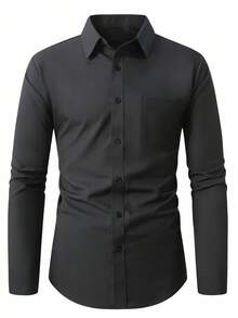 Manfinity Mode Men's Solid Color Single-Breasted Pocket Long Sleeve Casual Shirt, For Fall - Black - View 3