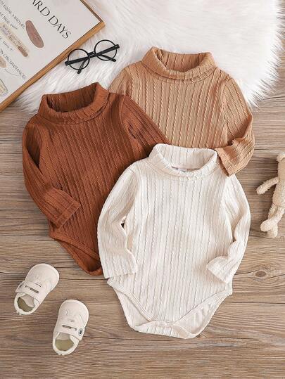 SHEIN 3件套男婴/男女通用高领罗纹双面抓绒长袖连体衣套装，棕色调，适合秋冬季节、日常外出或休闲居家穿着。