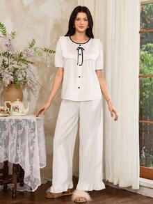 Côtesoire 女士荷叶边短袖上衣和裤子睡衣套装 - 白色 - 查看 6