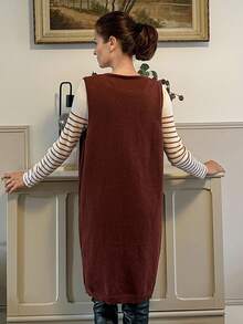 Vivie Lora Vestido de suéter holgado de cuello en V de longitud media para otoño/invierno - Marrón - Ver 3