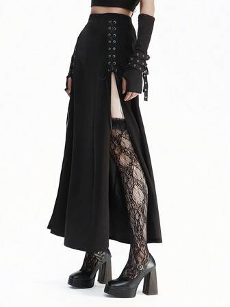 Breakform 女式哥特式纯色金属可调节腰部高腰紧身高开衩及踝长裙