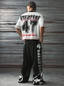 AXEPEAK Casual Street Cross Graffiti Round Neck Loose Short Sleeve T-Shirt And Elastic Drawstring Loose Long Pants, Men 2-Piece Set - Black and White - View 3