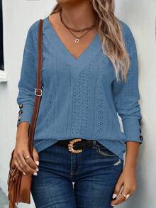 EMERY ROSE Plus Size Plus Size V-Neck Drop Shoulder Jacquard Textured Soft Knit T-Shirt, Autumn/Winter