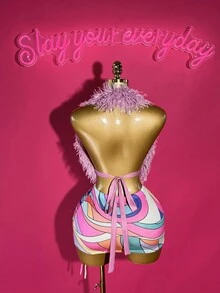 Slaydiva 2025 Summer New Arrival Halter Fuzzy Crop Top & Colorblock Striped Print Asymmetric Hem Skirt 2 Pieces Set, Suitable For Birthday Party, Banquet, Campus Style, Daily Wear, Cruise Travel, Fashionable, Elegant, Commuting, Business Casual - Multicolor - View 2