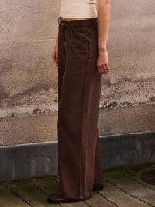 lacRébo بنطلون نسائي ذو خصر منخفض وساق واسعة، لون بني، ملابس خريف وشتاء