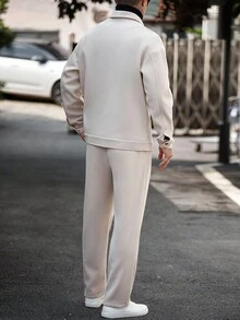 Manfinity CasualCool 男士休闲夹克和裤子套装休闲两件套，米色服装，外出套装，秋季服装