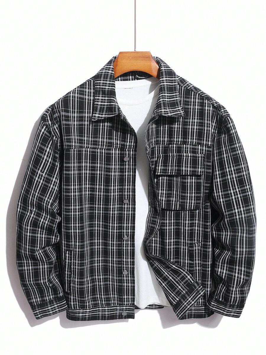 Manfinity Homme 男士格子长袖单排扣工装口袋休闲牛仔宽松夹克，秋季 - 彩色 - 查看 1