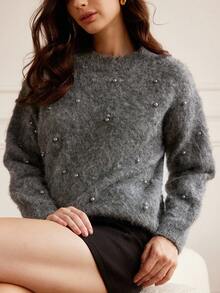 GENKIRA Women's Elegant Faux Pearl Decor Loose Fluffy Knit Pullover Sweater, Autumn/Winter - Dark Grey - View 2