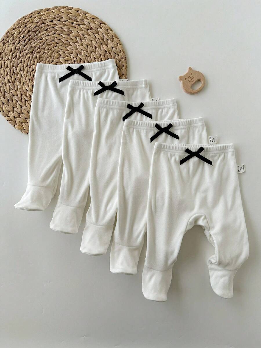 SHEIN 5pcs/Pack Newborn Baby Boy/Girl Casual Cute Versatile Solid Color Elastic Knit Leggings Fall - White - View 1