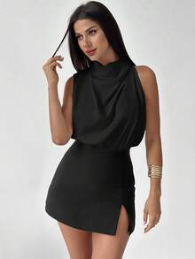 Firerie Women's Elegant Fashion New Commuting Office Daily Vacation Music Festival Asymmetrical Pleated Apricot Blouse, Spring/Summer,Black Tops