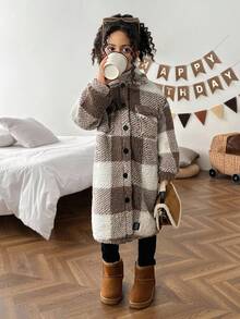 SHEIN Young Girl Young Girl Twims Girl Letter Decor Plaid Knit Casual Fuzzy Jacket,Warm & Comfortable, Fashion Warm Jacket, Suitable For Casual Everyday Wear,Fleece Mid-Length Lapel Collar Long Sleeve Coat For Winter,For Halloween.Back To School Seasom.,Mommy & Sister & Me Matching. Fall - Coffee Brown - View 6