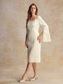 House of One Floral Jacquard Squared Neckline Slit Long Sleeves Midi Dress Women Autumn Elegant Wear