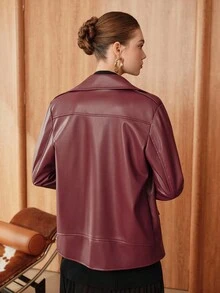 SHEIN Unity Women's PU Leather Lapel Collar Loose Jacket - Burgundy - View 2