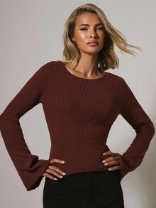 COSMINA Suéter elegante de mujer con mangas de campana y ajuste en la cintura, otoño/invierno - Marrón - Ver 3