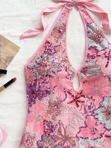 Soleia New Vacation Red Knitted Striped Halter Backless Mini Dress - Pink - View 5