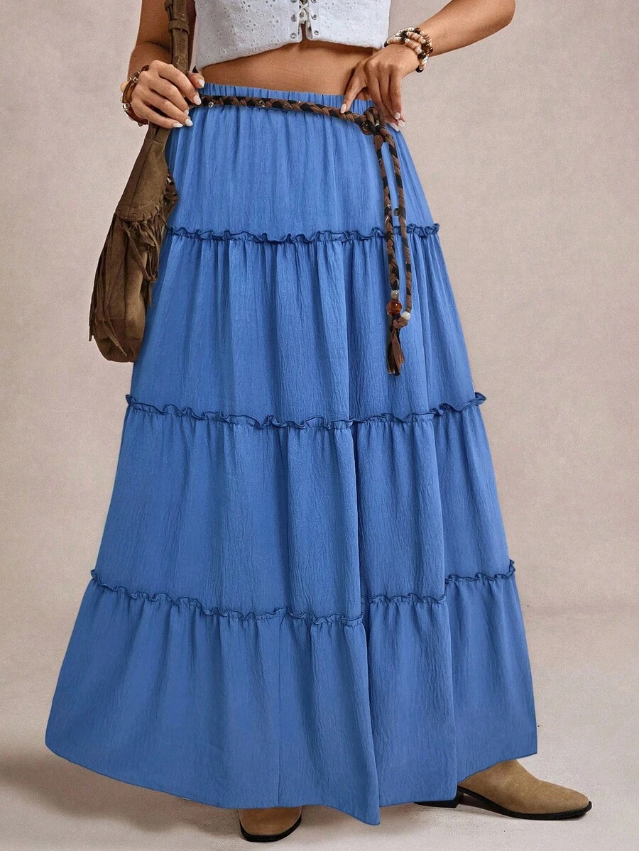 Freevana Plus Size Casual Solid Color Layered Ruffle Hem A-Line Skirt, Suitable For Everyday Wear - Blue - View 1