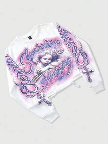 ROMWE MEN Street Life Spring Casual Graphic White Men'S Vintage Cross & Angel Print Distressed Short Pullover Sweatshirt, Suitable For Autumn/Winter, Long Sleeve Top - White - View 3