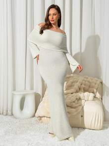 Auralis Plus Size Women's Autumn And Winter Fashion, Elegant And Comfortable Daily Apricot One-Shoulder Off-Shoulder Slim Long Sweater Dress,Fall Clothes,Chic Dress - Apricot - View 4