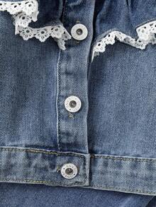 Baby Girls 2 Pieces Denim Set, Cute & Fashionable Light Blue Denim Jacket With Ruffle Collar And Loose Straight Leg Jeans With Floral Hem Fall Winter - Light Wash - View 7