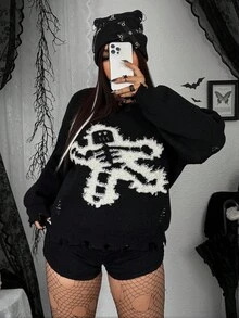 Whyspr Sweater Wanita Gaya Grunge Punk dengan Motif Tengkorak Punk Rock Bordir, Ukuran Plus, Cocok untuk Halloween, Musim Gugur/Dingin - Hitam dan Putih - View 5