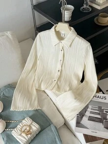 SHEIN 优雅简约法式纹理波浪条纹衬衫 - 米色 - 查看 2