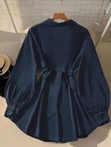 DreamSkyne 女士金属装饰灯笼袖长衬衫，优雅时尚 - 藏蓝色 - 查看 2