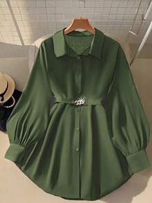 DreamSkyne 女式金属装饰长灯笼袖衬衫，优雅时尚的秋季，绿色衬衫 - 軍綠色 - 查看 1