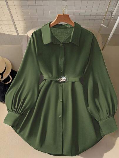 DreamSkyne Women's Metal Decor Long Lantern Sleeve Blouse, Elegant And Fashionable Fall, Green Shirt