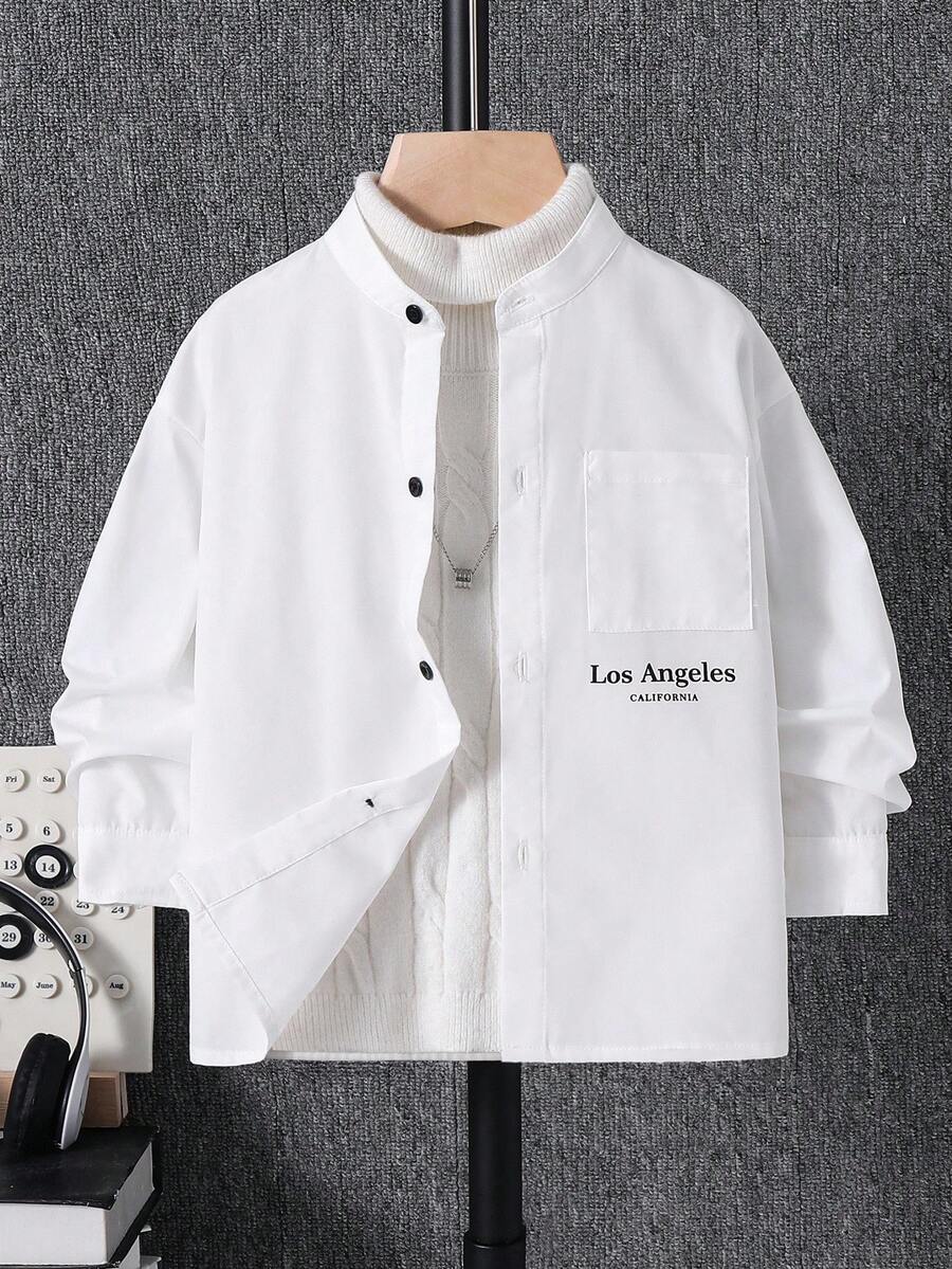 SHEIN Camicia casual a maniche lunghe con bottoni per bambini, versatile e comoda, adatta per pendolarismo, scuola, uso quotidiano, viaggi, sport, autunno/inverno, ritorno a scuola, matrimoni, colore bianco - Bianco - Visualizzare 1