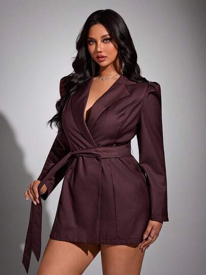 Viva Relle Blazer de manga larga delgada con cintura envolvente de unicolor para tallas grandes