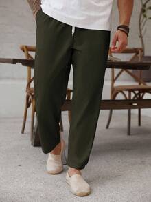 ResortEase Plus Size Men's Casual Versatile Solid Color Drawstring Waist Linen Pants, Fall - Green - View 4