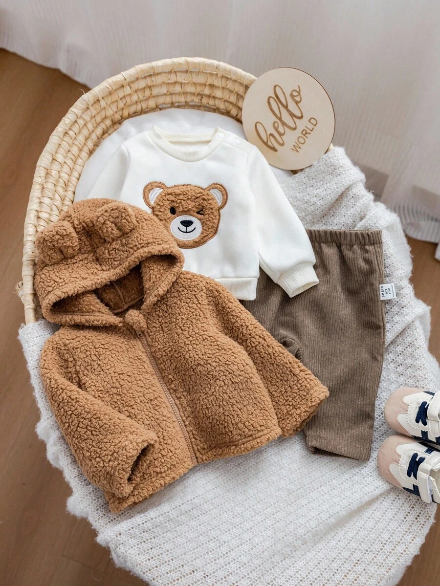 3 件套新生女婴可爱百搭运动衫、毛绒夹克和裤子套装，秋冬 - 彩色 - 查看 1