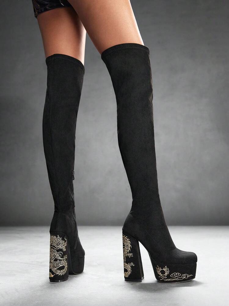 CUCCOO SZL Women's Square Toe Thick High Heel Embroidered Dragon Pattern Black Suede Elastic Fashionable Minimalist Super High Over-The-Knee Boots With Zipper For Christmas Spring Shoes