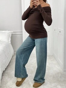 SHEIN Autumn And Winter Maternity Solid Color Ruched Off Shoulder Long Sleeve Fitted T-Shirt With Thermal Lined, Autumn Maternity Top Coffee Brown Top Brown Top Women Brown Long Sleeve Top Dark Brown Top