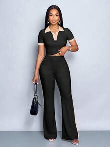 SOLERSUN Women's Summer Casual Color Block Polo Collar Short Sleeve T-Shirt Flared Pants Women 2pcs Set - Black - View 5