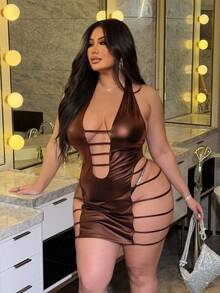 NU&NOW Đầm bodycon dệt kim co giãn hở lưng gợi cảm cỡ lớn cho nữ - màu nâu - Xem 2