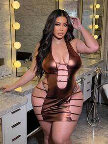 NU&NOW Đầm bodycon dệt kim co giãn hở lưng gợi cảm cỡ lớn cho nữ - màu nâu - Xem 3