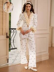 Penseblé Women's Suit Set, Contrast Color Design, Floral & Bow Print - Black and White - View 1