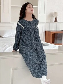 Dazy Kids Robe à manches longues col rond à volants avec imprimé floral, doux et confortable pour les jeunes filles. Vêtement de détente casual - Bleu marine - Voir 7