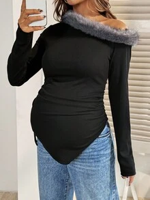 SHEIN Autumn And Winter  Maternity Patchwork Fuzzy Trim Oblique Shoulder Long Sleeve Ruched Fashion T-Shirt