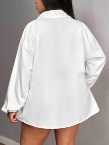 Slaydiva 2025 新款女士加大码束腰仿皮贴片针织长袖衬衫，百搭日常、机场、外出、通勤 - 白色 - 查看 3