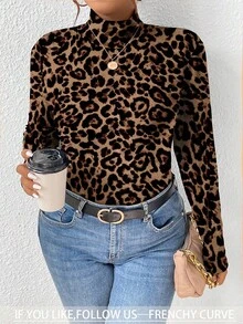SHEIN Frenchy تي شيرت كاجوال بسيط بمقاس كبير وطبعة نمر كاملة العرض بياقة عالية وأكمام طويلة، تصميم حيواني لطيف بنقشة الفهد للربيع والخريف - متعدد الألوان - مشاهدة 1