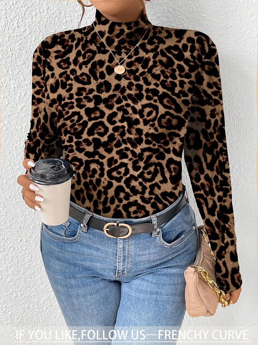 SHEIN Frenchy تي شيرت كاجوال بسيط بمقاس كبير وطبعة نمر كاملة العرض بياقة عالية وأكمام طويلة، تصميم حيواني لطيف بنقشة الفهد للربيع والخريف - متعدد الألوان - مشاهدة 1