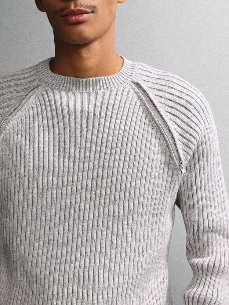 Ribbed Raglan Sleeve Sweater With Shoulder Zip